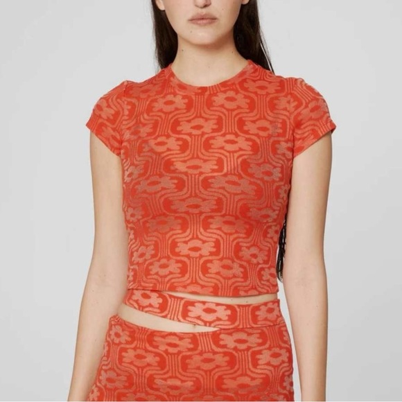Eckhaus Latta Shrunk Tee - Red Floral Jacquard Crop Mesh Semi Sheer T-Shirt Top